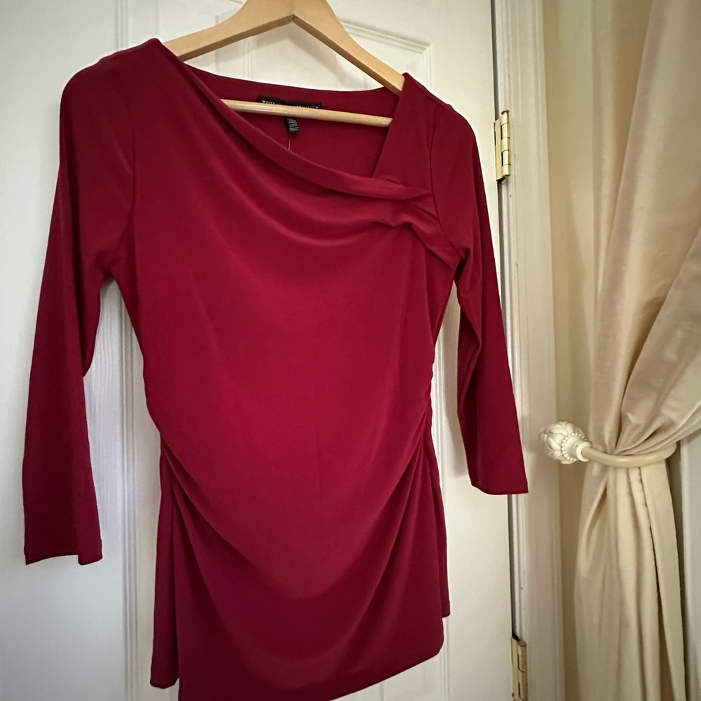 White House Black Market Red Draped Long-Sleeve Blouse